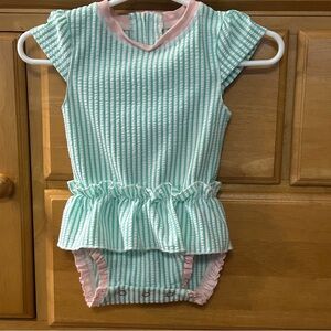 Ruffle Butts Girl’s Green and White Seersucker Rash Guard Suit Size 3-6 Months